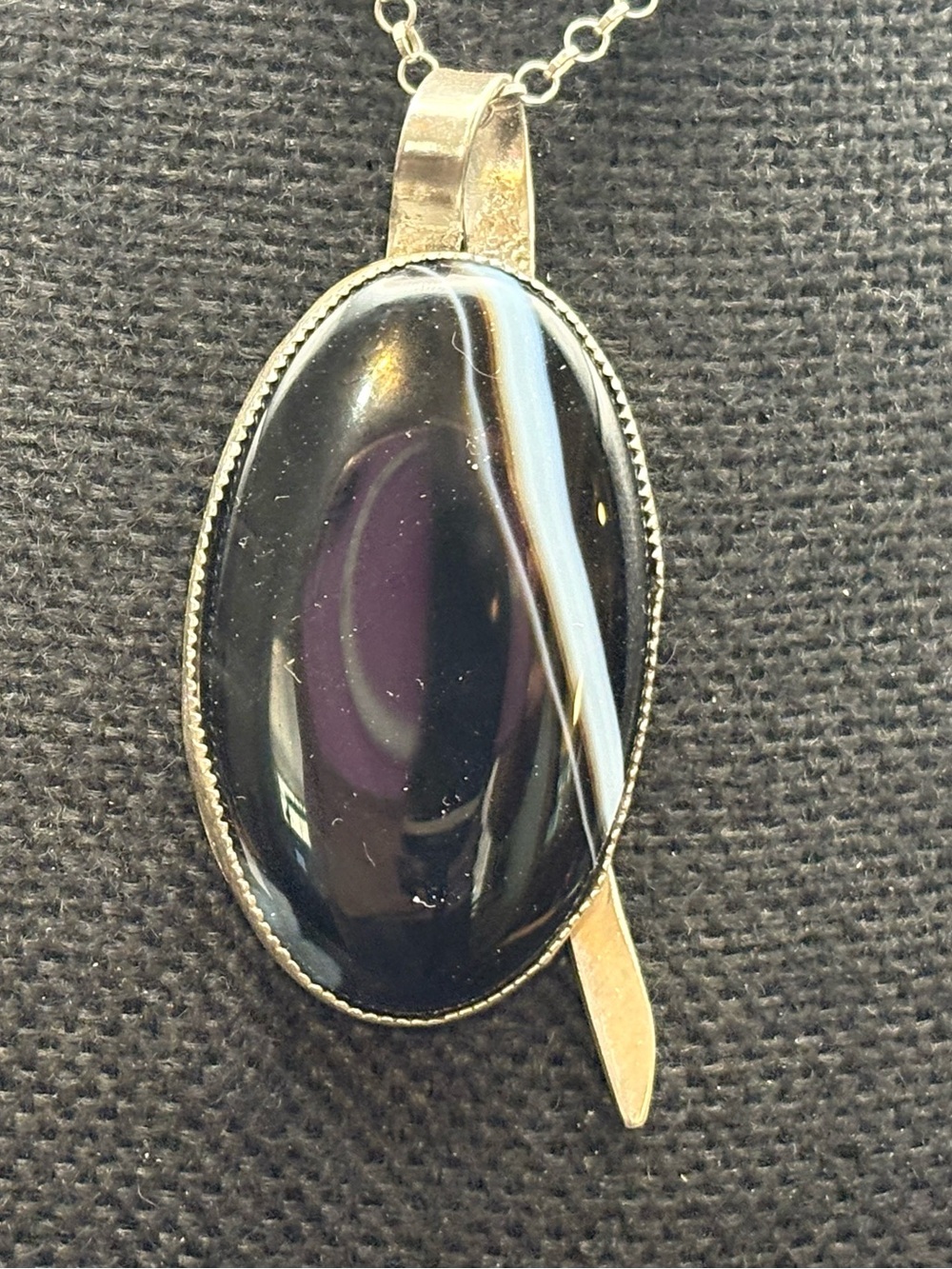 Black Onyx Oval Pendant Necklace with Sterling Silver Accent, NEW, 17”, Handmade
